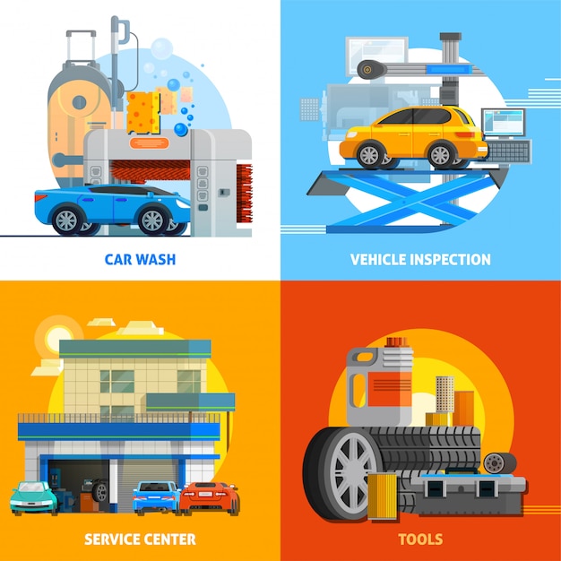 Free vector auto service 2x2 design concept set