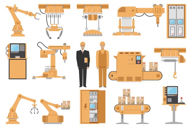 엔지니어 운영자 컴퓨터 관리 기계 제조 공정 격리 된 벡터 일러스트 레이 션 설정 자동 조립 장식 아이콘
