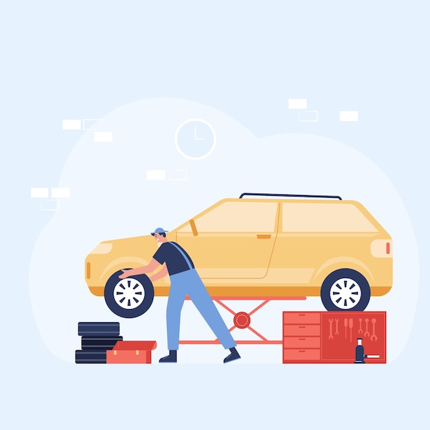 自動車修理および保守サービスの概念図。従業員はガレージで車のチェックと修理を行っています。フラットスタイルのイラスト