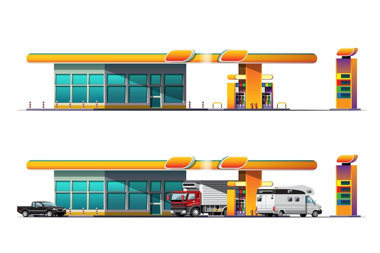 Free Vector automobile and van park to filling up at fuel station