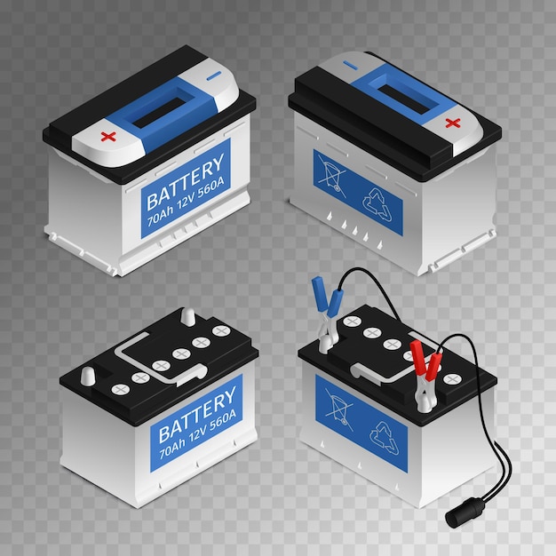 Бесплатное векторное изображение Автомобильная аккумуляторная батарея 4 автомобильных запчастей изометрический набор изолированных прозрачный фон иллюстрации