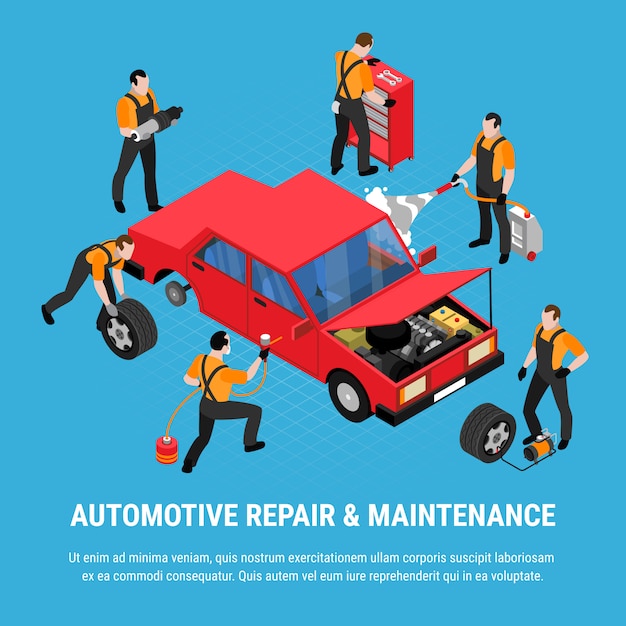 Il concetto isometrico della riparazione automobilistica con manutenzione e gli strumenti dell'attrezzatura vector l'illustrazione