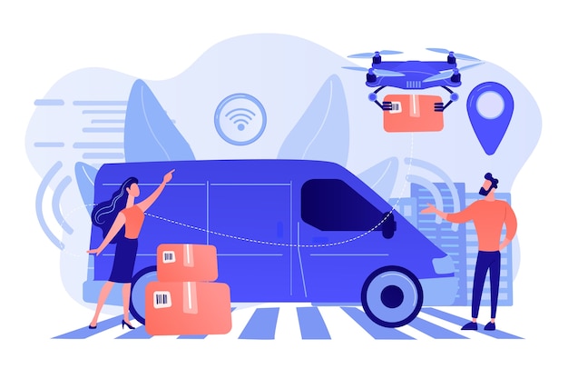 Free vector autonomous delivery van with sensors and drone delivering parcel. autonomous courier, driverless delivery service, modern parcel services concept