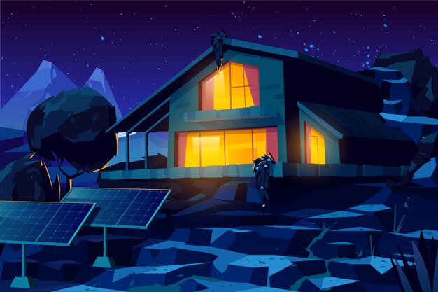 Autonomous house with solar panels cartoon 
