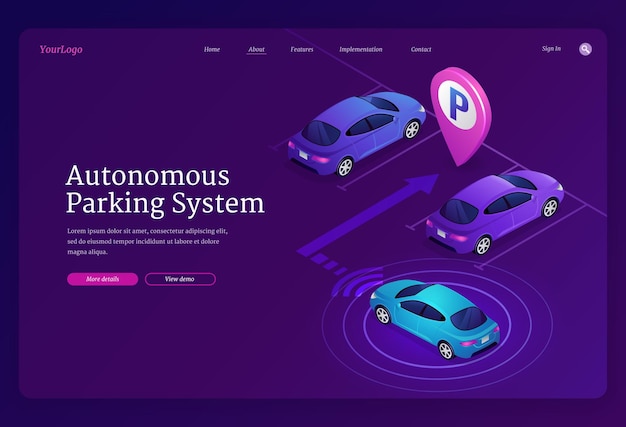 Vettore gratuito modello di pagina di destinazione isometrica del sistema di parcheggio autonomo. l'auto intelligente a guida autonoma con tecnologia di scansione e radar parcheggia automaticamente in un luogo libero