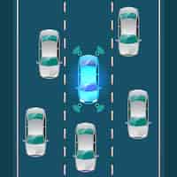 Бесплатное векторное изображение Автономный смарт-автомобиль с автоматическим беспроводным датчиком движения по дороге вокруг автомобиля автономный смарт-автомобиль едет по дорогам, наблюдает за дистанцией и системой автоматического торможения