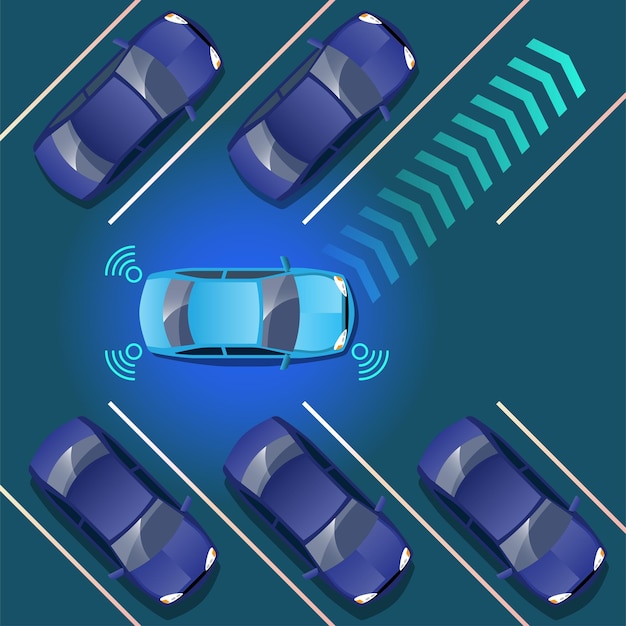 Бесплатное векторное изображение Автономный смарт-автомобиль с автоматическим беспроводным датчиком движения по дороге вокруг автомобиля автономный смарт-автомобиль едет по дорогам, наблюдает за дистанцией и системой автоматического торможения