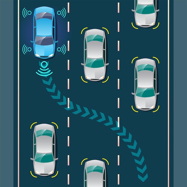 無料ベクター 自律型スマートカー自動ワイヤレスセンサーが車の周りの道路を走行自律型スマートカーがスキャンを行い、道路が距離を観察し、自動ブレーキシステム