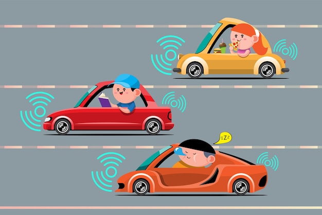 Autonomous smart car automatic wireless sensor driving on road around the car Autonomous smart car goes on the scans the roads observe the distance and Automatic braking system