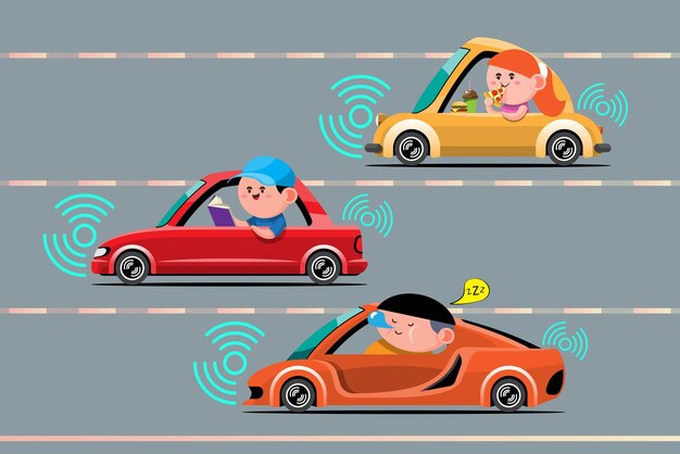 Autonomous smart car automatic wireless sensor driving on road around the car Autonomous smart car goes on the scans the roads observe the distance and Automatic braking system