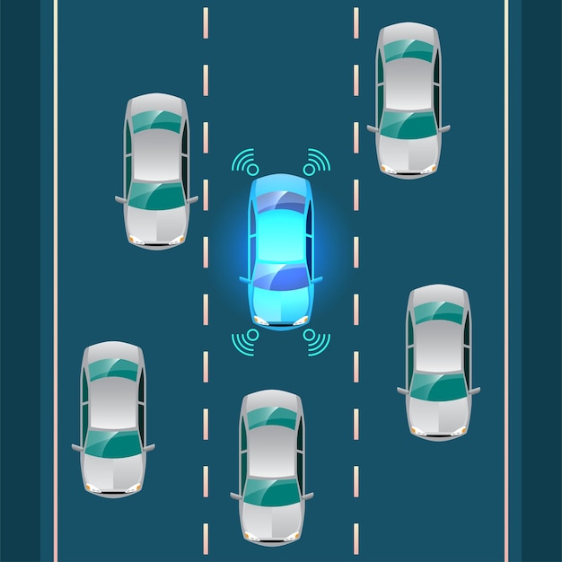 Free vector autonomous smart car automatic wireless sensor driving on road around the car autonomous smart car goes on the scans the roads observe the distance and automatic braking system