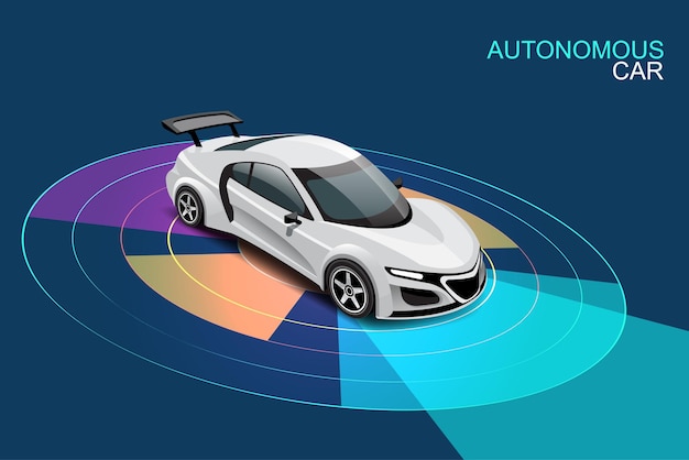 Free vector autonomous smart car automatic wireless sensor driving on road around the car autonomous smart car goes on the scans the roads observe the distance and automatic braking system