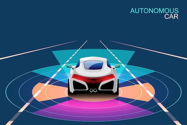 Vettore gratuito smart car autonoma sensore wireless automatico guida su strada intorno all'auto smart car autonoma esegue le scansioni le strade osserva la distanza e il sistema di frenata automatica