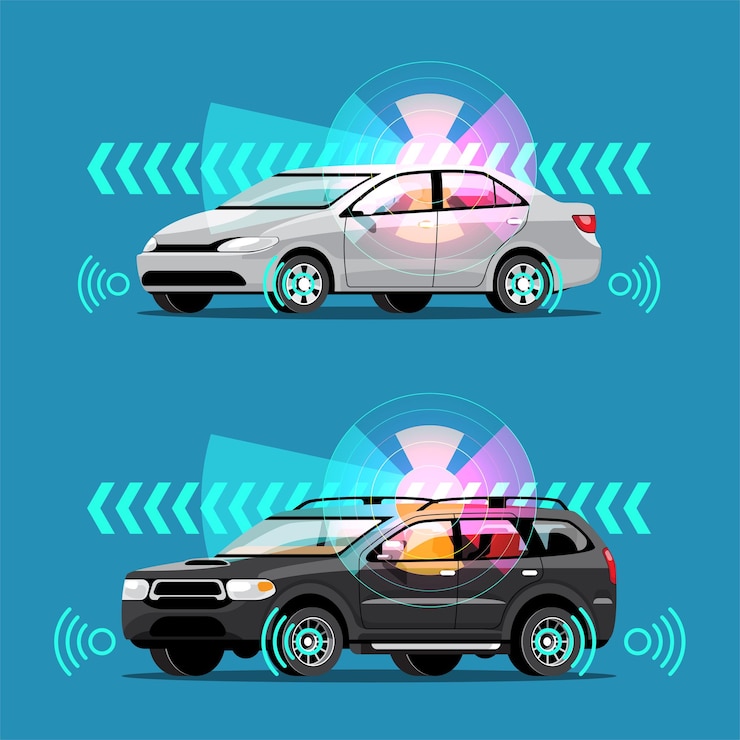 Free Vector autonomous smart car automatic wireless sensor driving on road around the car autonomous smart car goes on the scans the roads observe the distance and automatic braking system