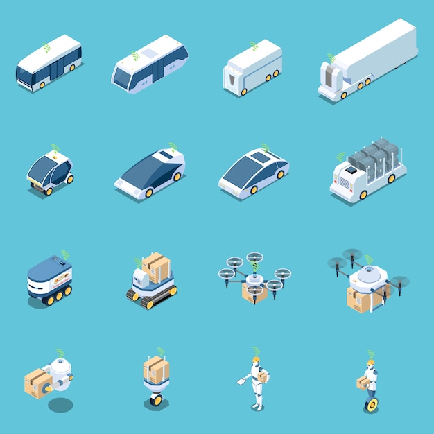 Free vector autonomous vehicles and robots isometric set