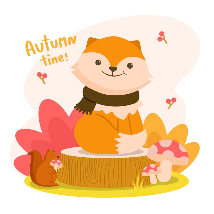 免費 Vector autumm 很高興有狐<unk>在樹幹上, 有松鼠拿著<unk>.