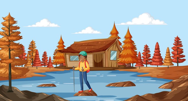 Free Vector autumn adventure at lakeside cabin