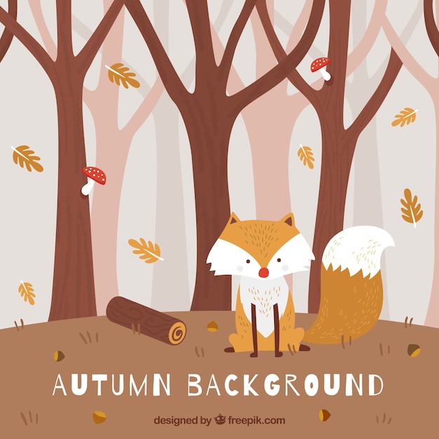 Free vector autumn background with cute fox in the forest