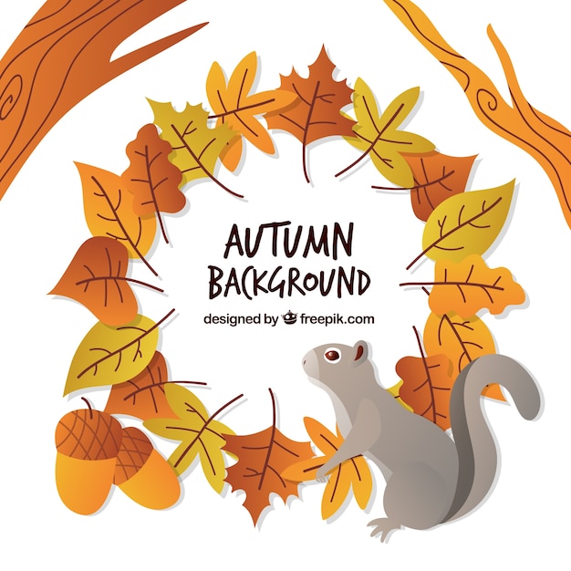 Autumn background with flat leaves and squirrel