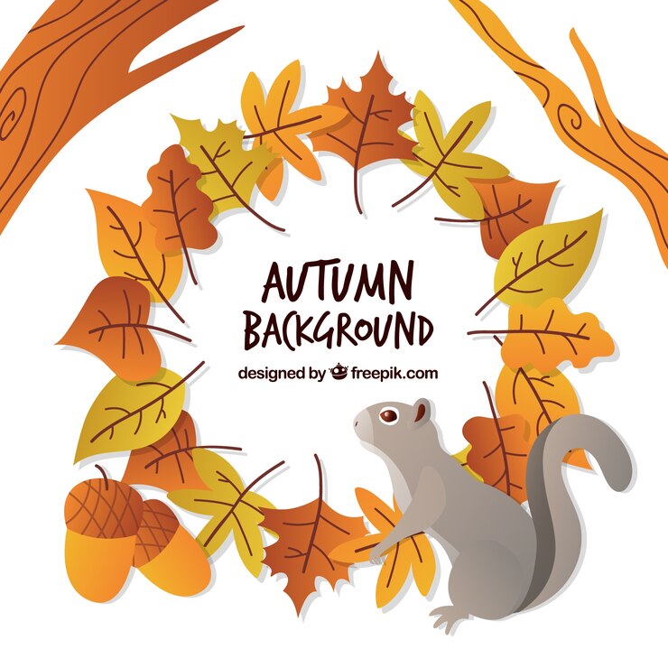 Free Vector autumn background with flat leaves and squirrel