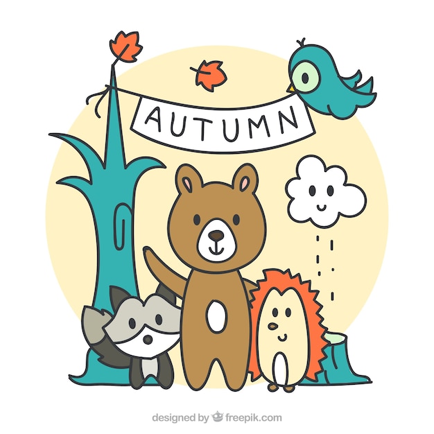 Free vector autumn background with hand-drawn forest friends