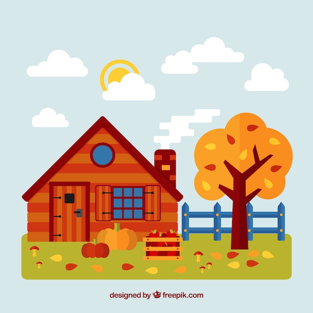 Free vector autumn background with a red house