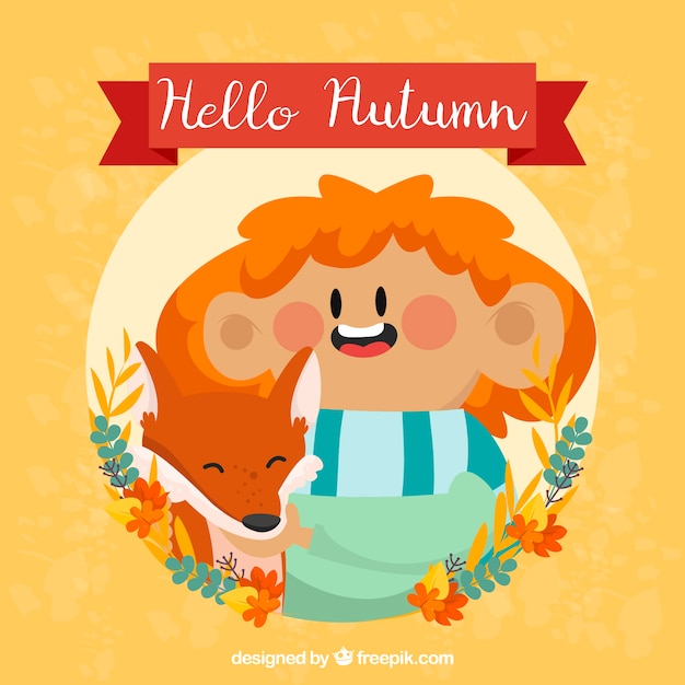 Free vector autumn background with smiley boy and fox