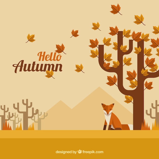 Free vector autumn background with trees and fox