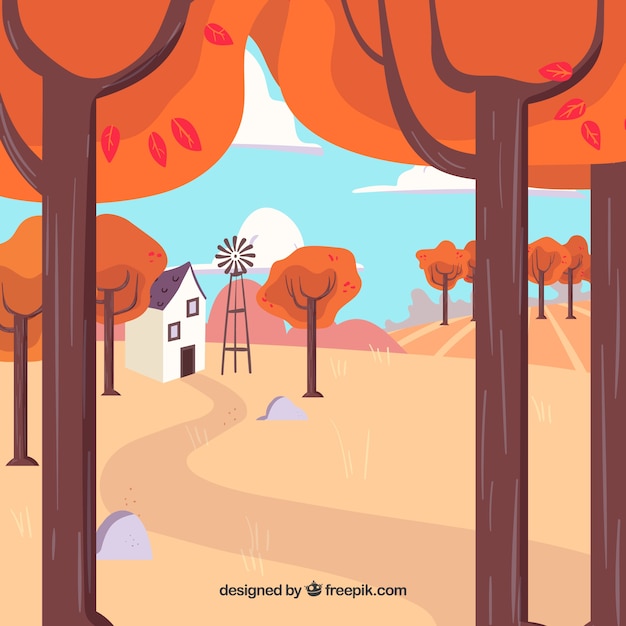 Autumn background with trees, house and windmill