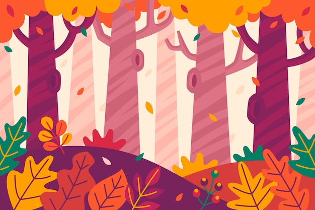 Vettore gratuito sfondo autunno con alberi e foglie