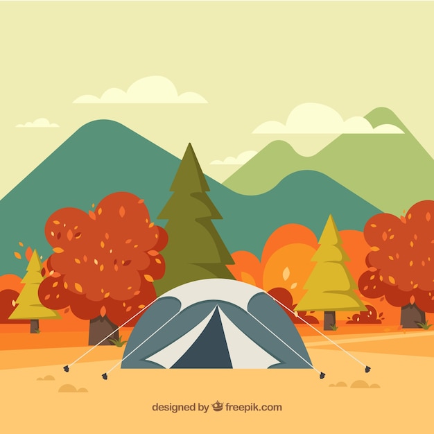 Осенний фон с деревьями и палаткой