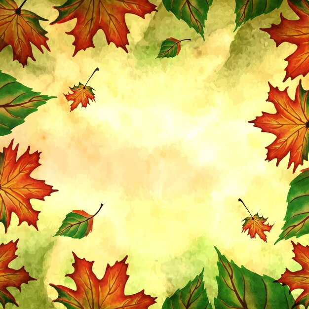 Autumn Background with Watercolor Orange, Yellow and Green Leaves