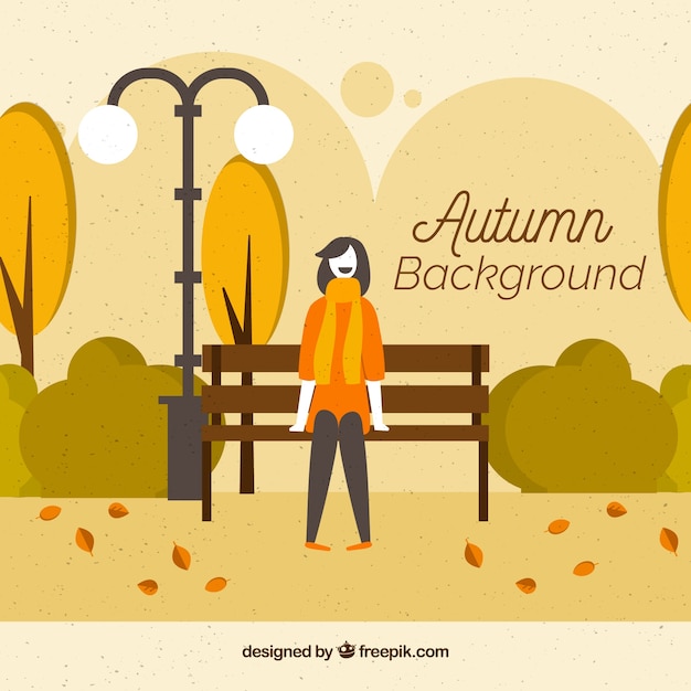 Free vector autumn background with woman in front of bench