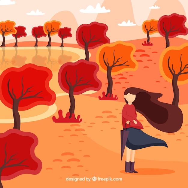 Free vector autumn background with woman on a windy day