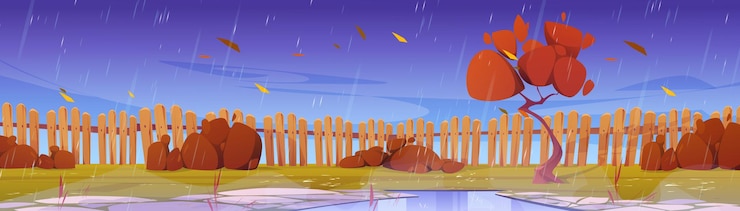 Free Vector autumn backyard garden with fence rainy weather