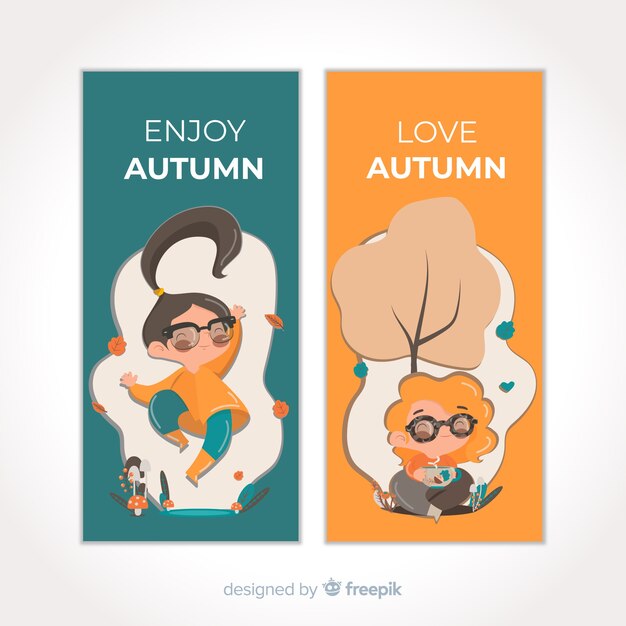 Autumn banners with cheerful characters