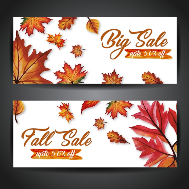 Free vector autumn banners with watercolor orange, yellow and green leaves