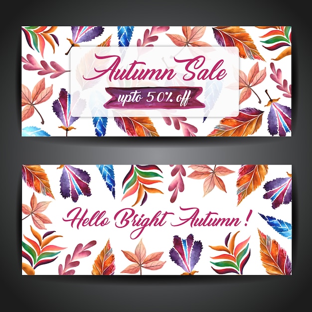 Autumn banners with watercolor orange, yellow and green leaves