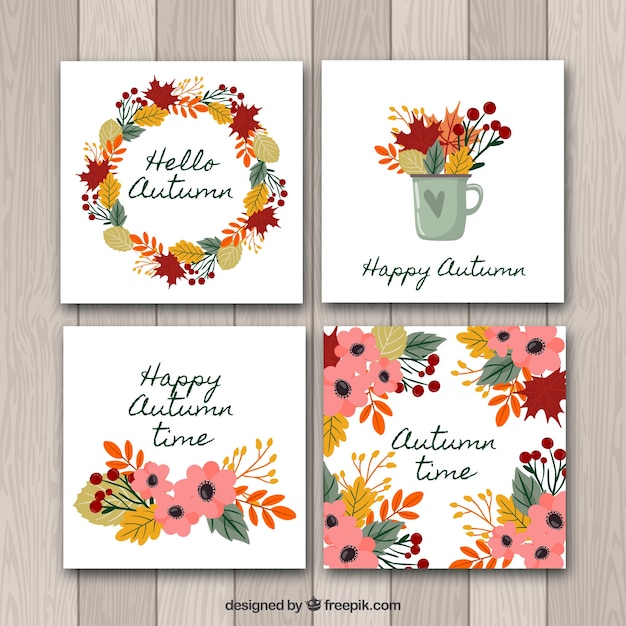 Autumn card collection with colorful leaves and flowers