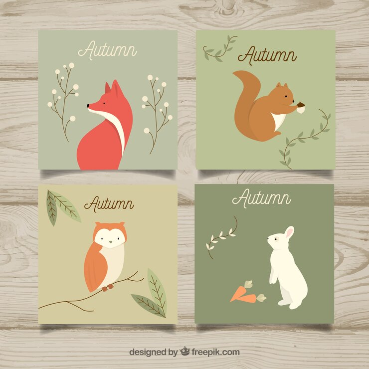 Free Vector autumn card collection with cute animals