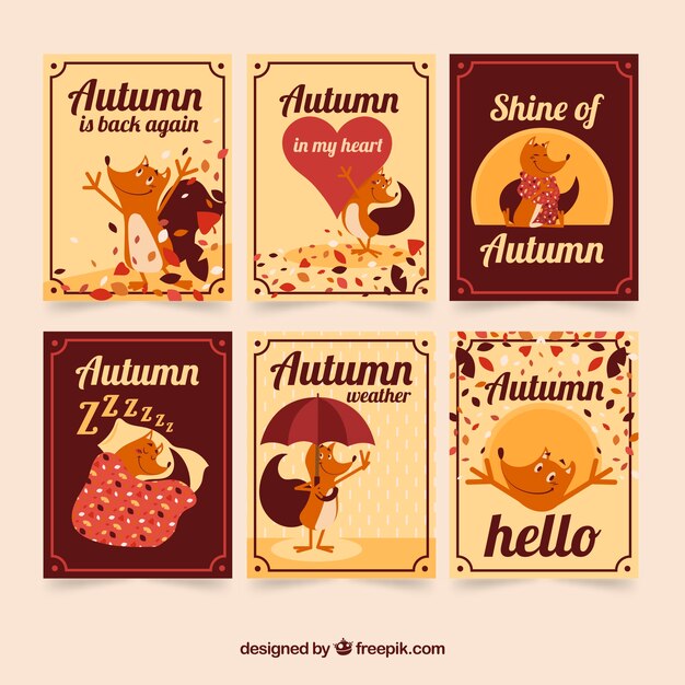 Autumn card collection with lovely animals