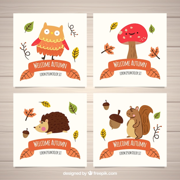 Free vector autumn cards collection with cute animals