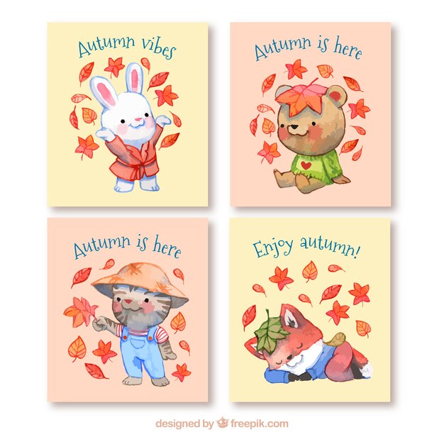 Autumn cards collection with cute animals