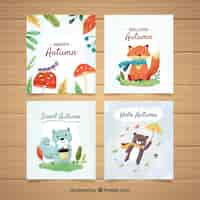 Free vector autumn cards collection with cute animals