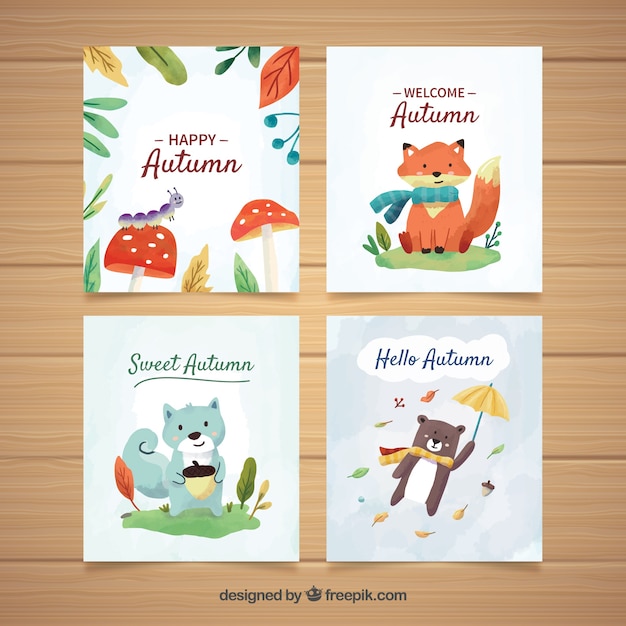 Autumn cards collection with cute animals