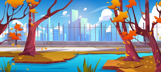 Free vector autumn city park with pond and path near fence nature background scene public garden in town forest with river skyscraper view and walkway to downtown orange fall season cartoon environment