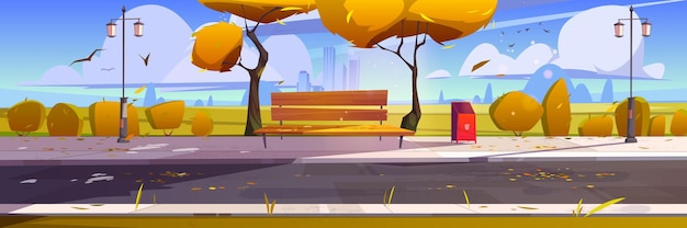 木製のベンチ黄色の木と落ち葉のある秋の都市公園