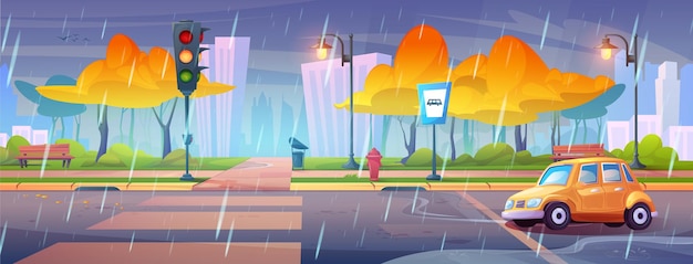 Free vector autumn city road in rainy weather