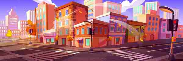 Free vector autumn city street corner with buildings