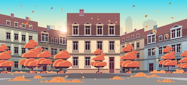 Осенняя городская улица с современными домами, экстерьер, фасад городских зданий, фон городского пейзажа
